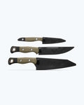 3 Piece Set OD Green G10 Kitchen Knives - Front View with Black Sheaths | Benchmade Knife Co.