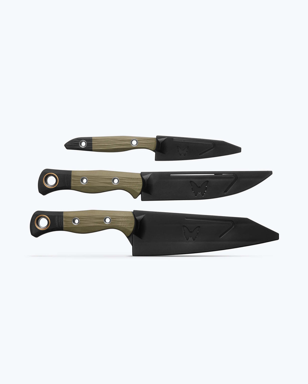 3 Piece Set OD Green G10 Kitchen Knives - Front View with Black Sheaths | Benchmade Knife Co.