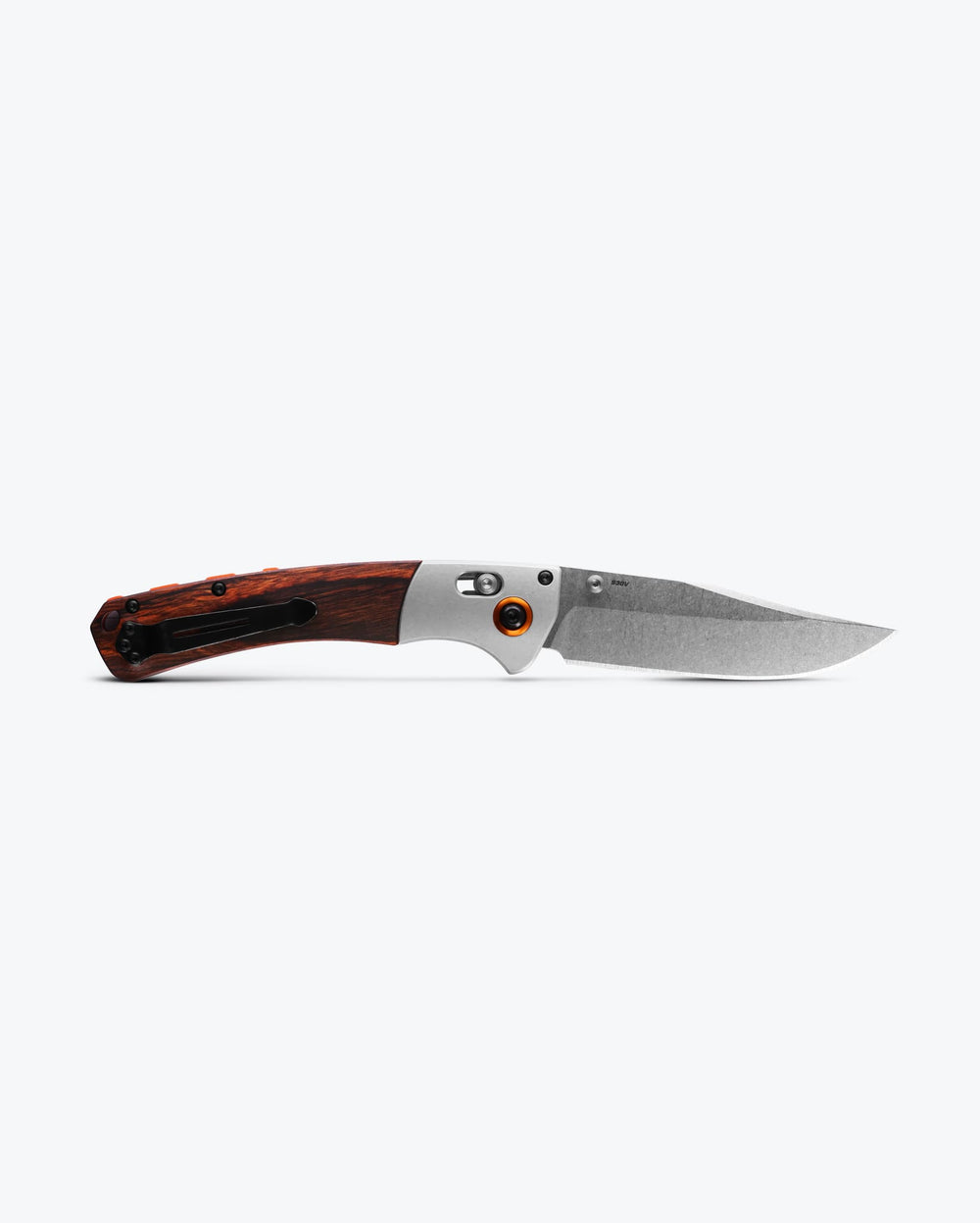 Benchmade Crooked River Gray Aluminum & Wood Clip-Point - Back Side Open | Benchmade Knife Co.