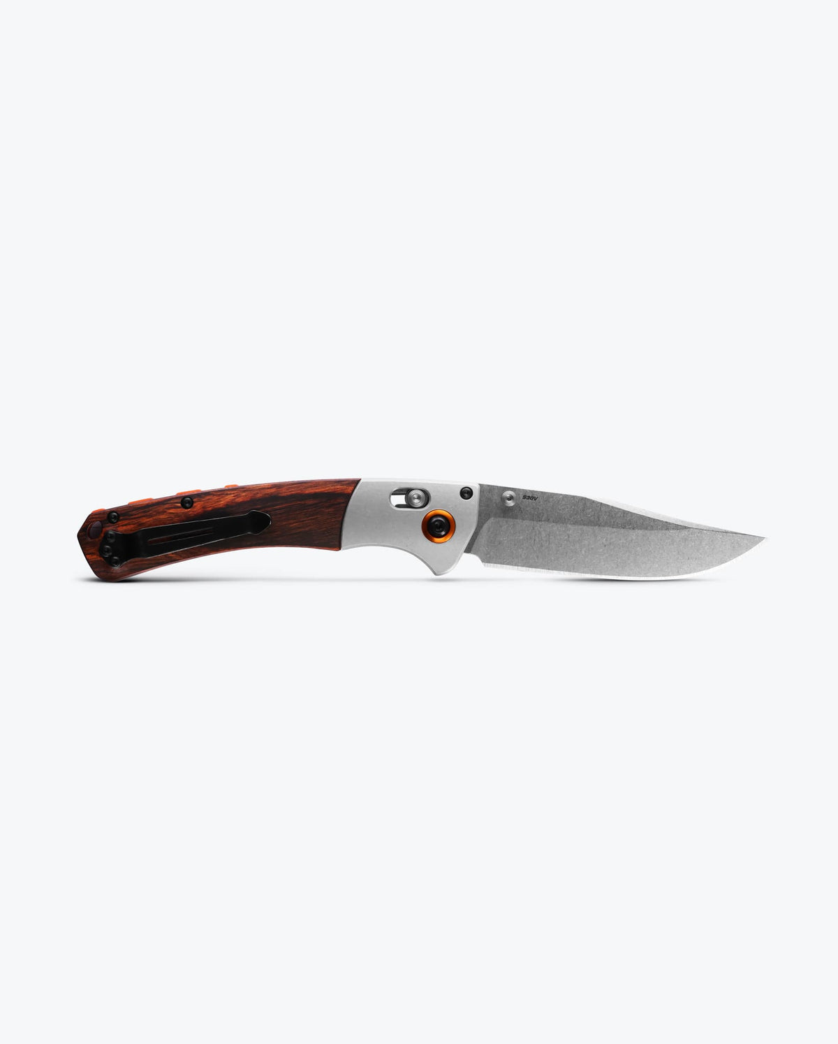 Benchmade Crooked River Gray Aluminum & Wood Clip-Point - Back Side Open | Benchmade Knife Co.