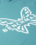 Depth Blue Benchmade Butterfly Sun Hoodie - Angled Logo Close-Up, Polyester Spandex Fabric | Benchmade Knife Co.