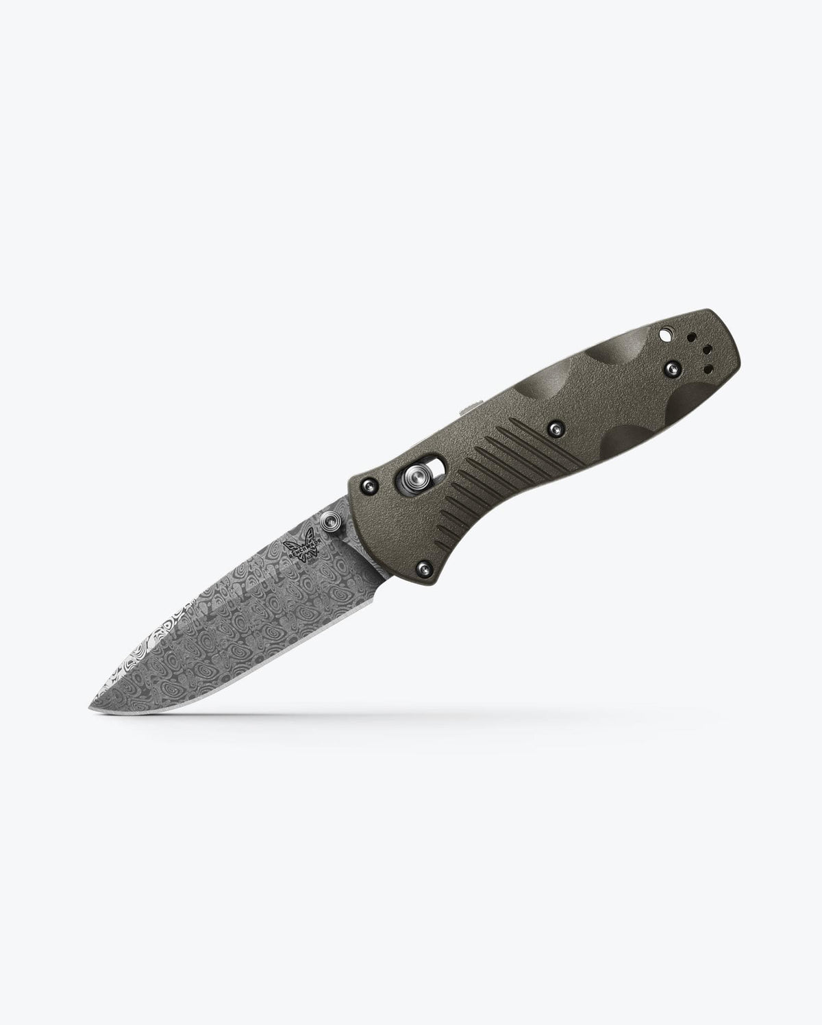 OD Green Custom Mini Barrage® Damascus Blade - Open Side View | Benchmade Knife Co.