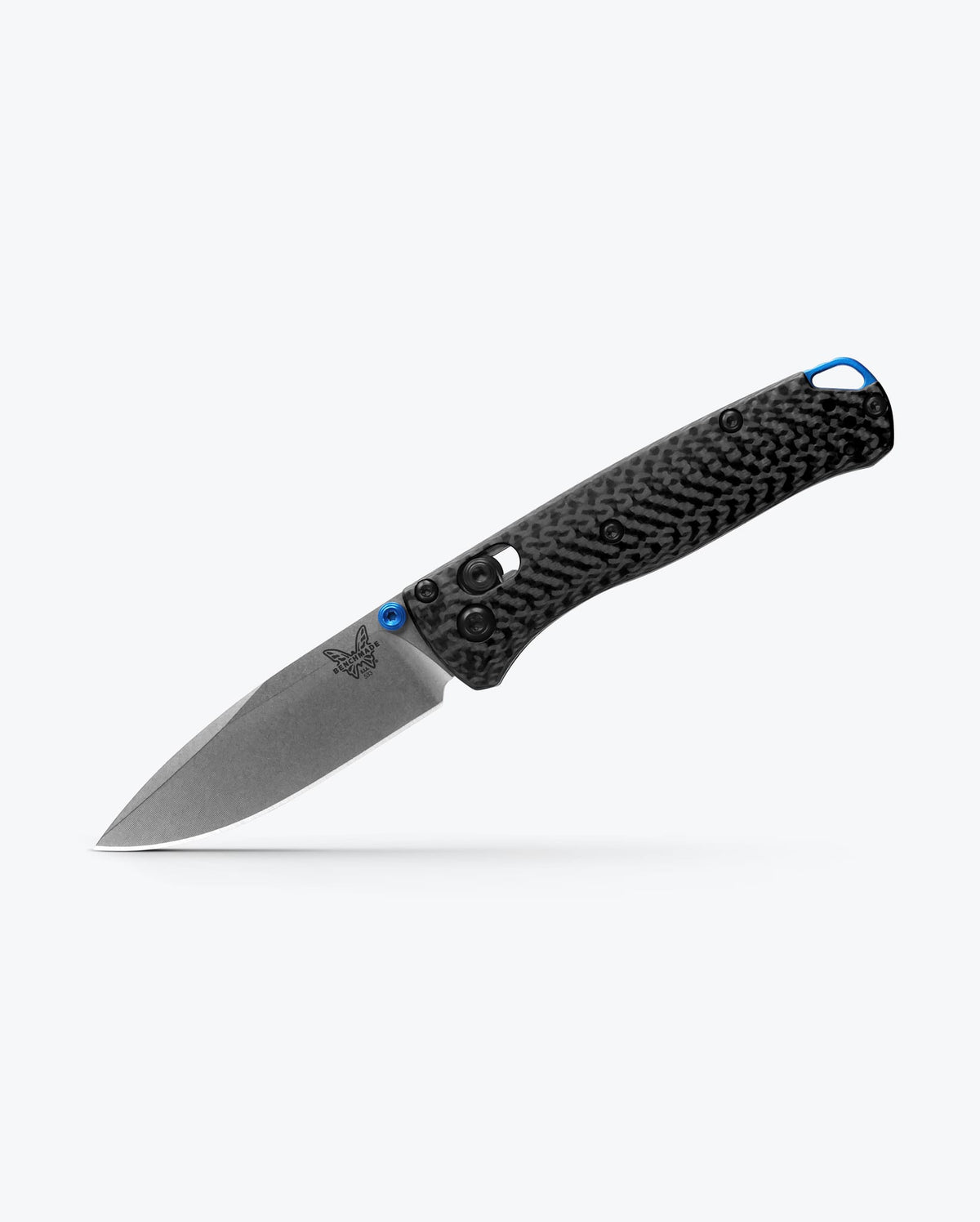Mini Bugout® Carbon Fiber knife angled, tip down - Open Position | Benchmade Knife Co.