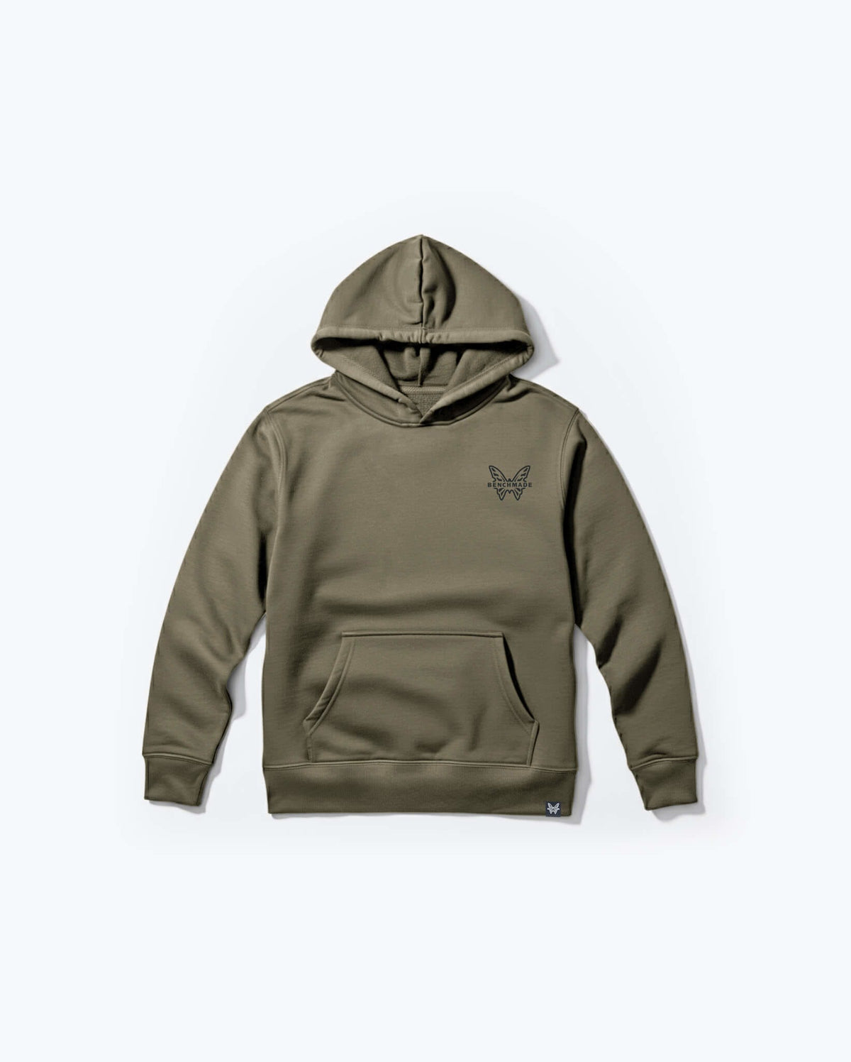 Olive Antler Pullover Hoodie - Front view flat lay with butterfly logo | Benchmade Knife Co.