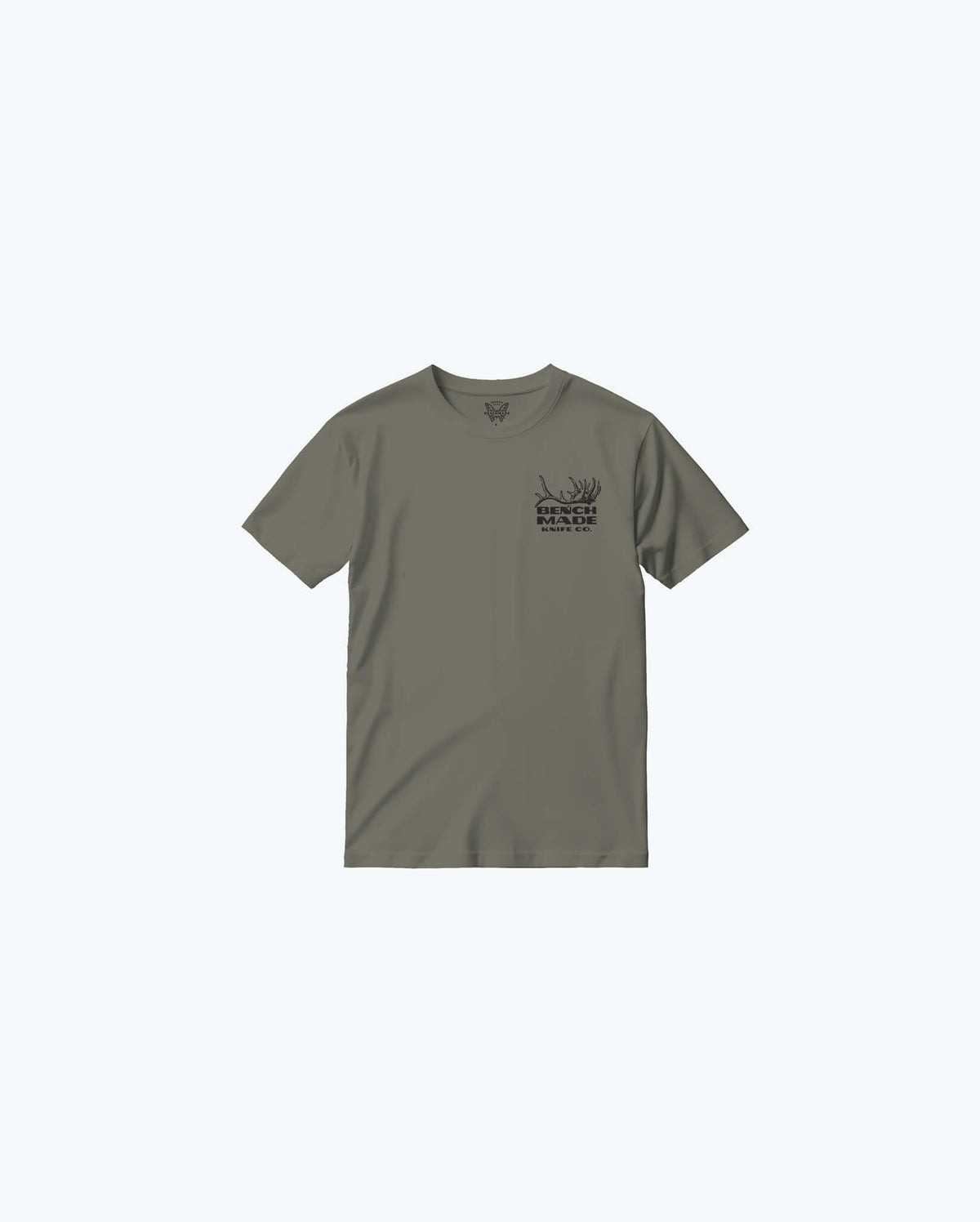 Olive Green Antler SS Mens Tee - Front View Flat Lay with Chest Logo | Benchmade Knife Co.