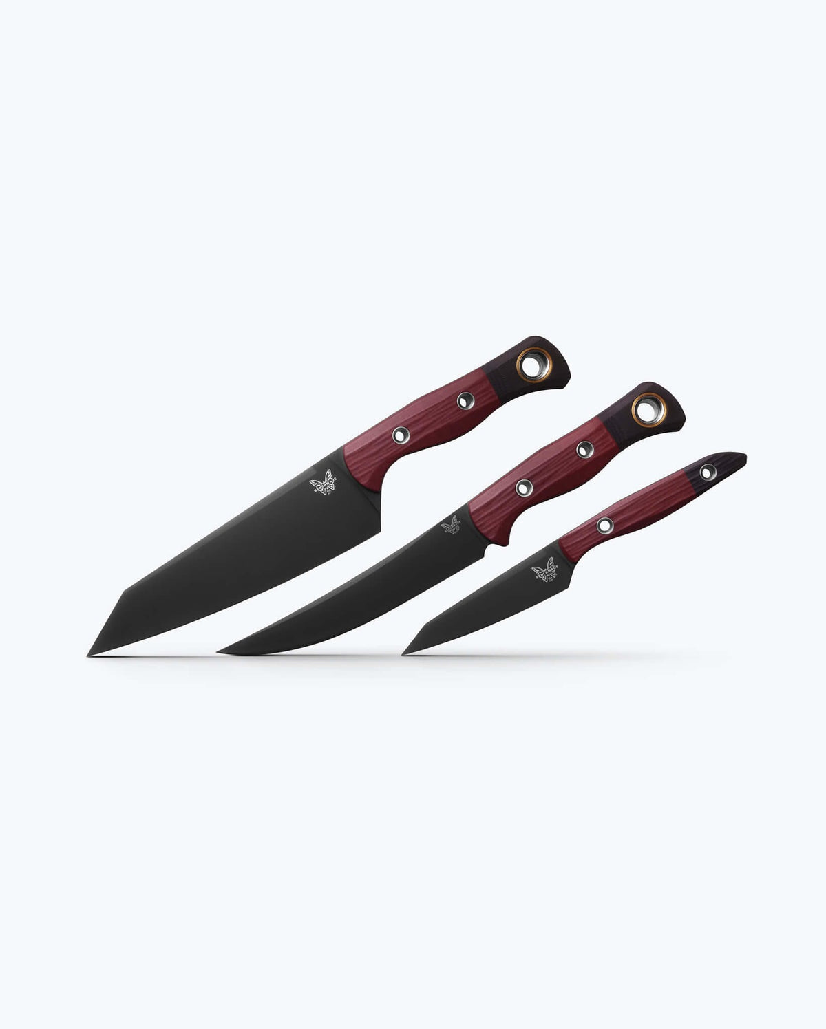 Red Wood Handle Custom 3 Piece Kitchen Knife Set - Angled View | Benchmade Knife Co.